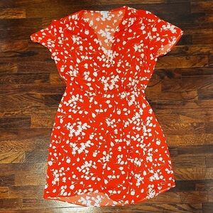 J. Crew Vibrant Red-Orange Wrap Dress with White Floral Design